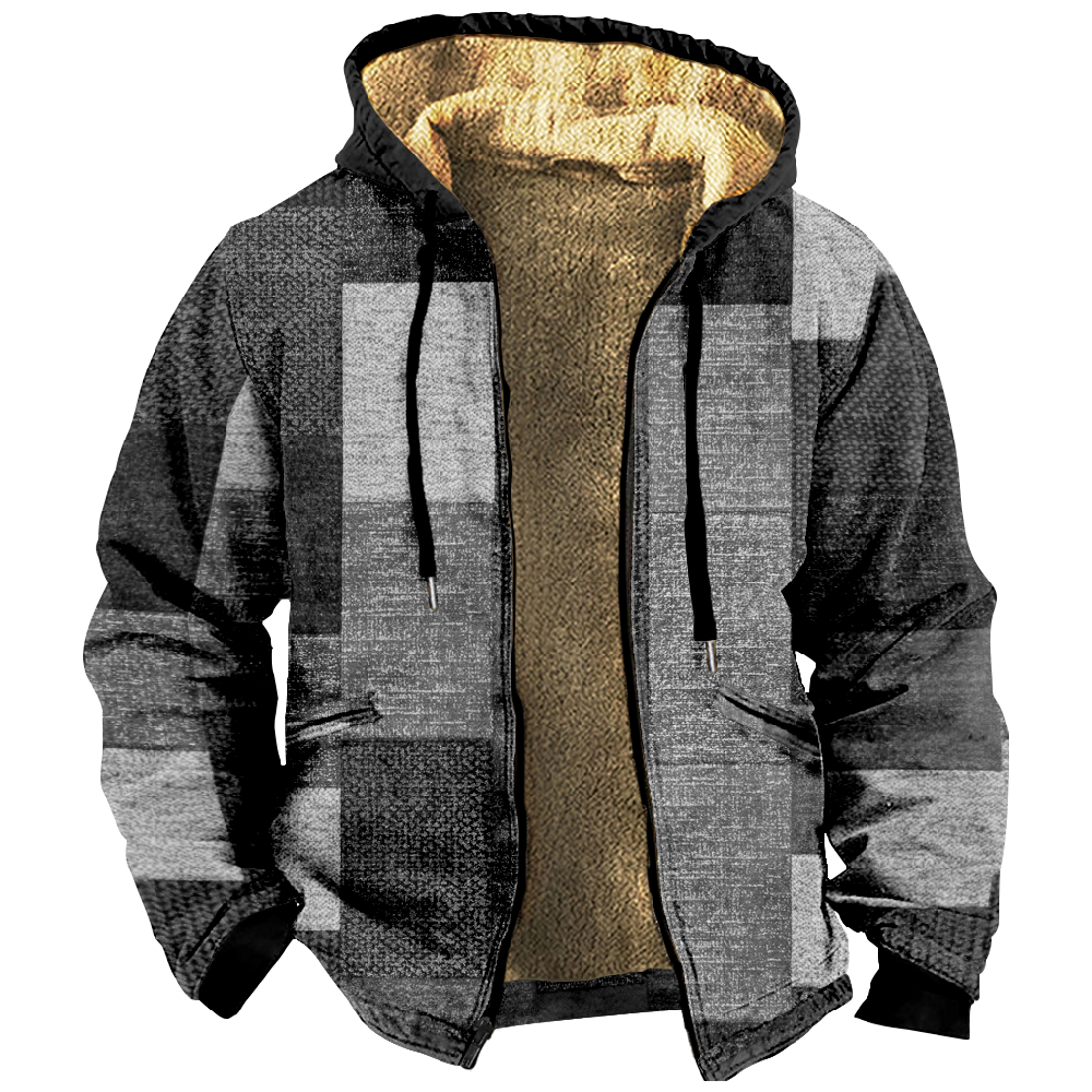 Men Retro Color Combination Print Drawstring Hooded Zipper Cotton Jacket ZH37004A01