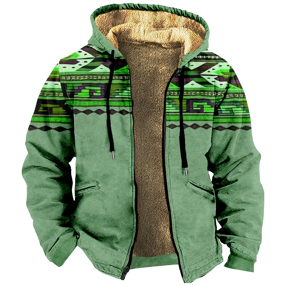 Men Retro Print Drawstring Hooded Zipper Cotton Jacket ZH37002A01