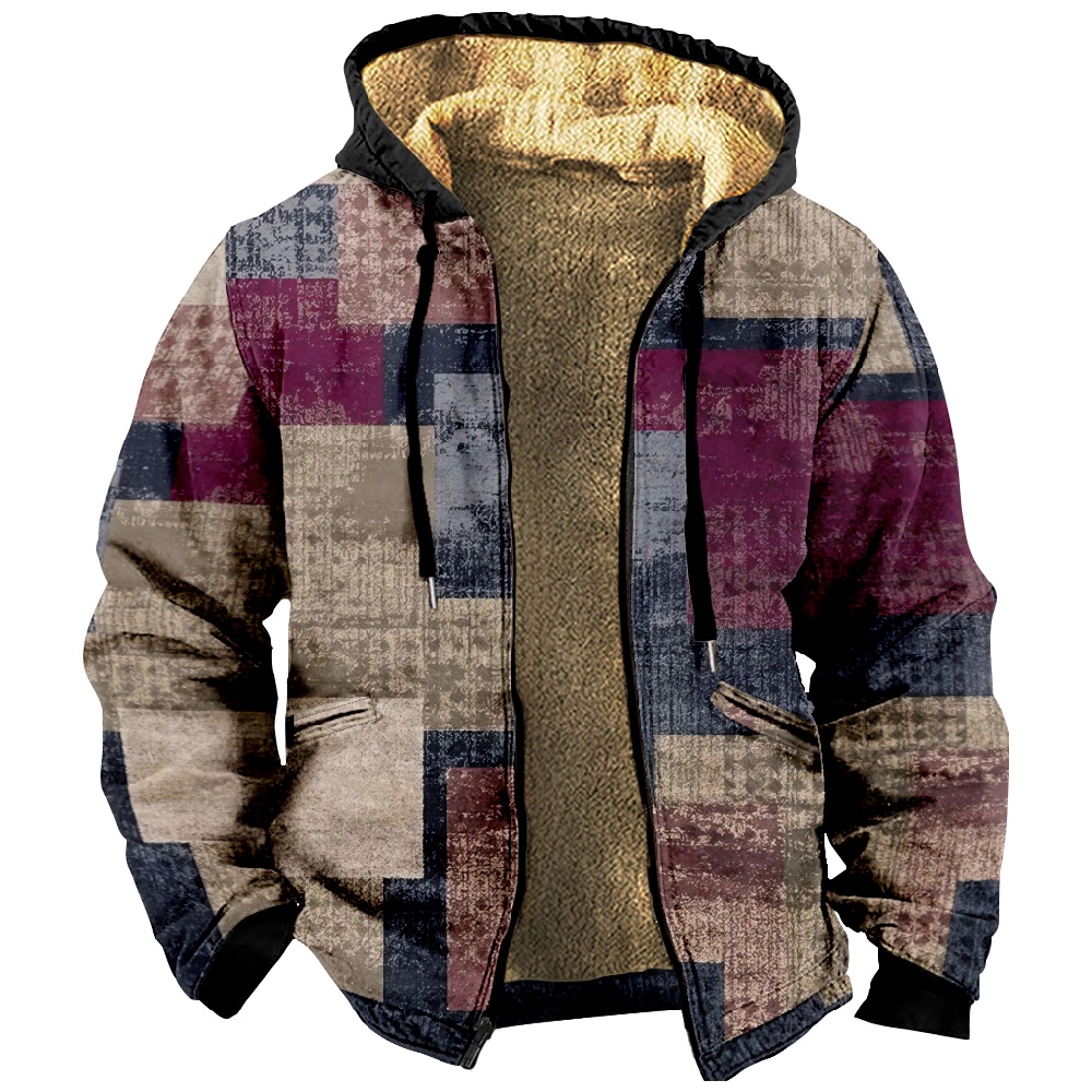 Men Retro Color Combination Print Drawstring Hooded Zipper Cotton Jacket ZH36896A02
