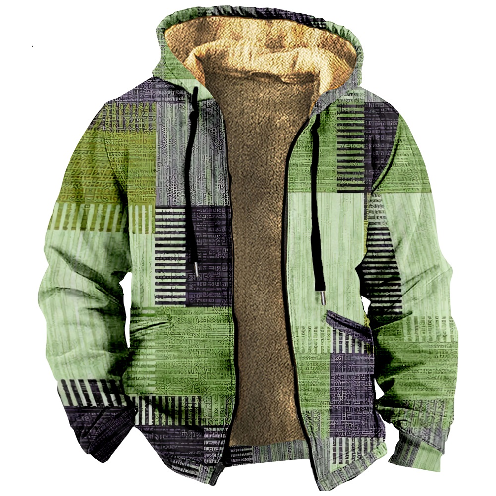 Men Retro Color Combination Print Drawstring Hooded Zipper Cotton Jacket ZH36889A01