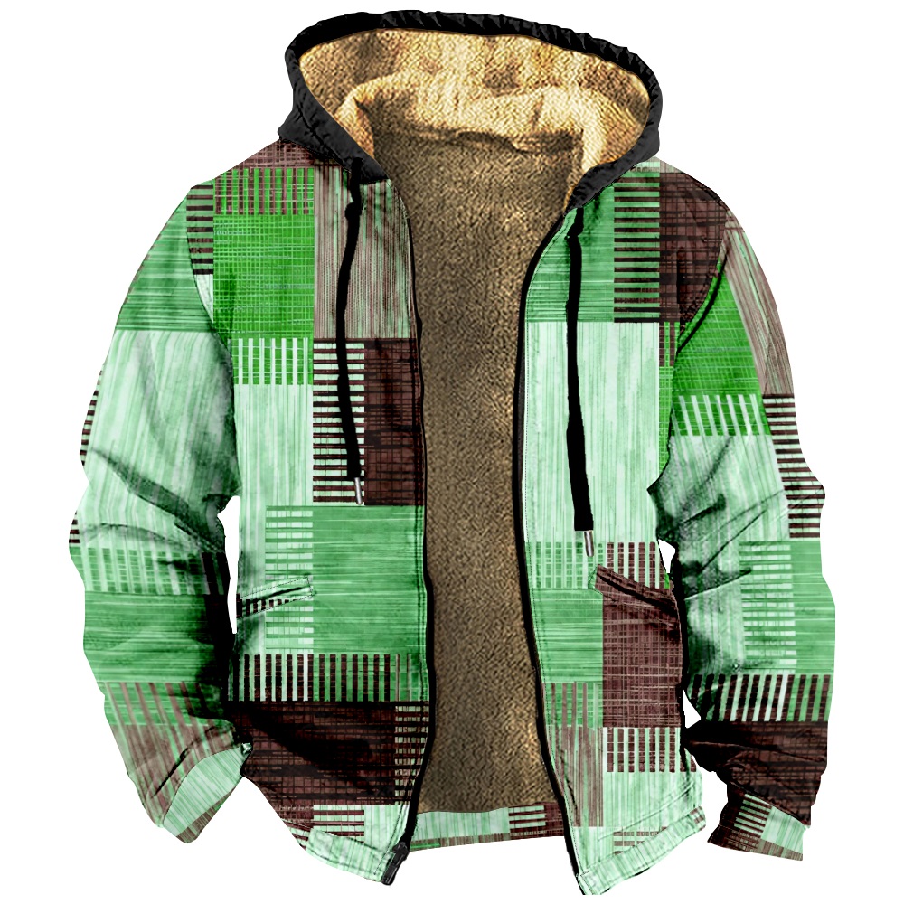 Men Retro Color Combination Print Drawstring Hooded Zipper Cotton Jacket ZH36073A02