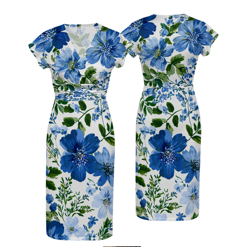 Blue Floral Watercolor Stripe Striped Cap Sleeve V-Neck Midi Dress ADG148
