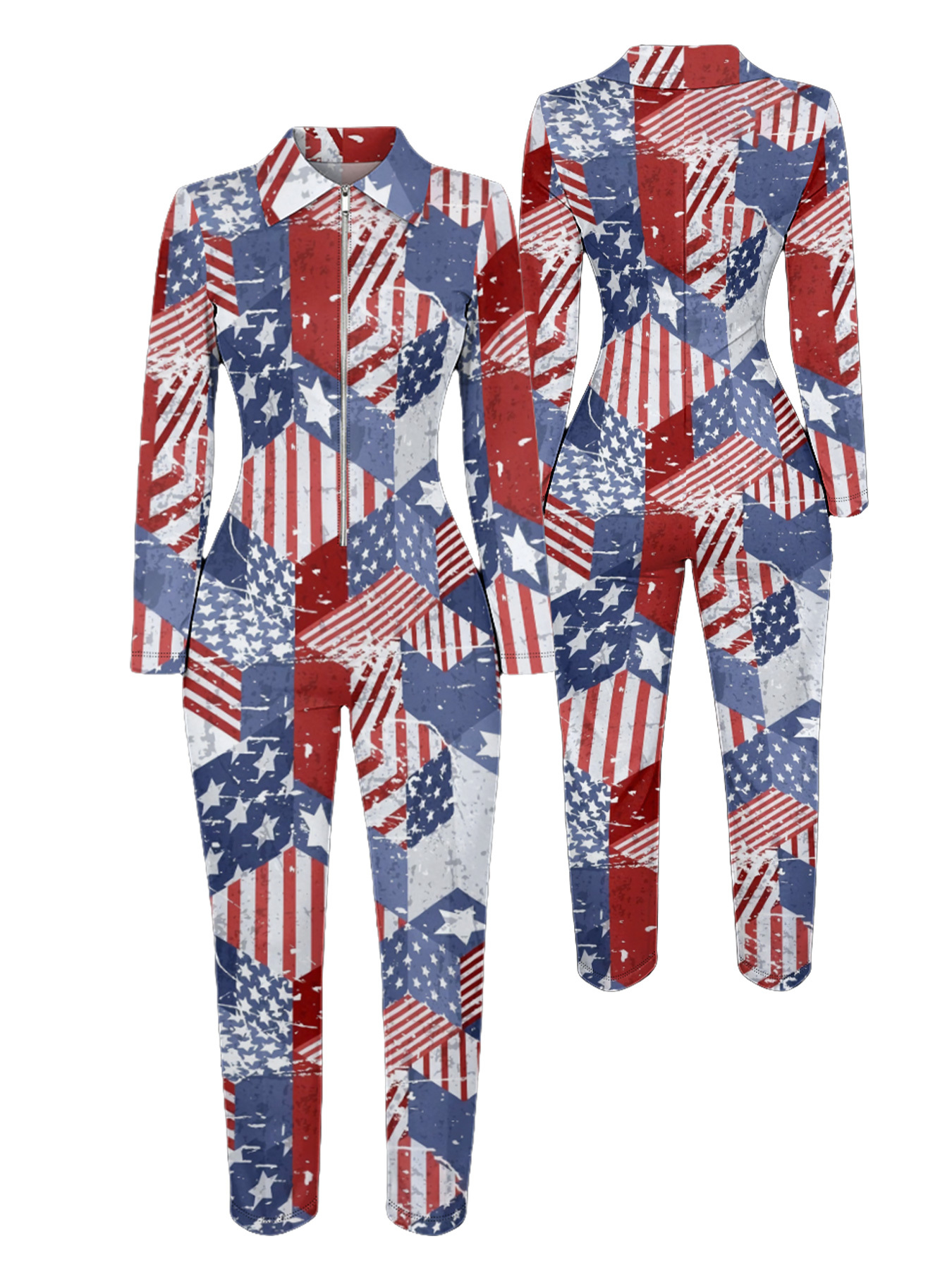 Vintage American Flag Long Sleeve Zip-Up Jumpsuit 