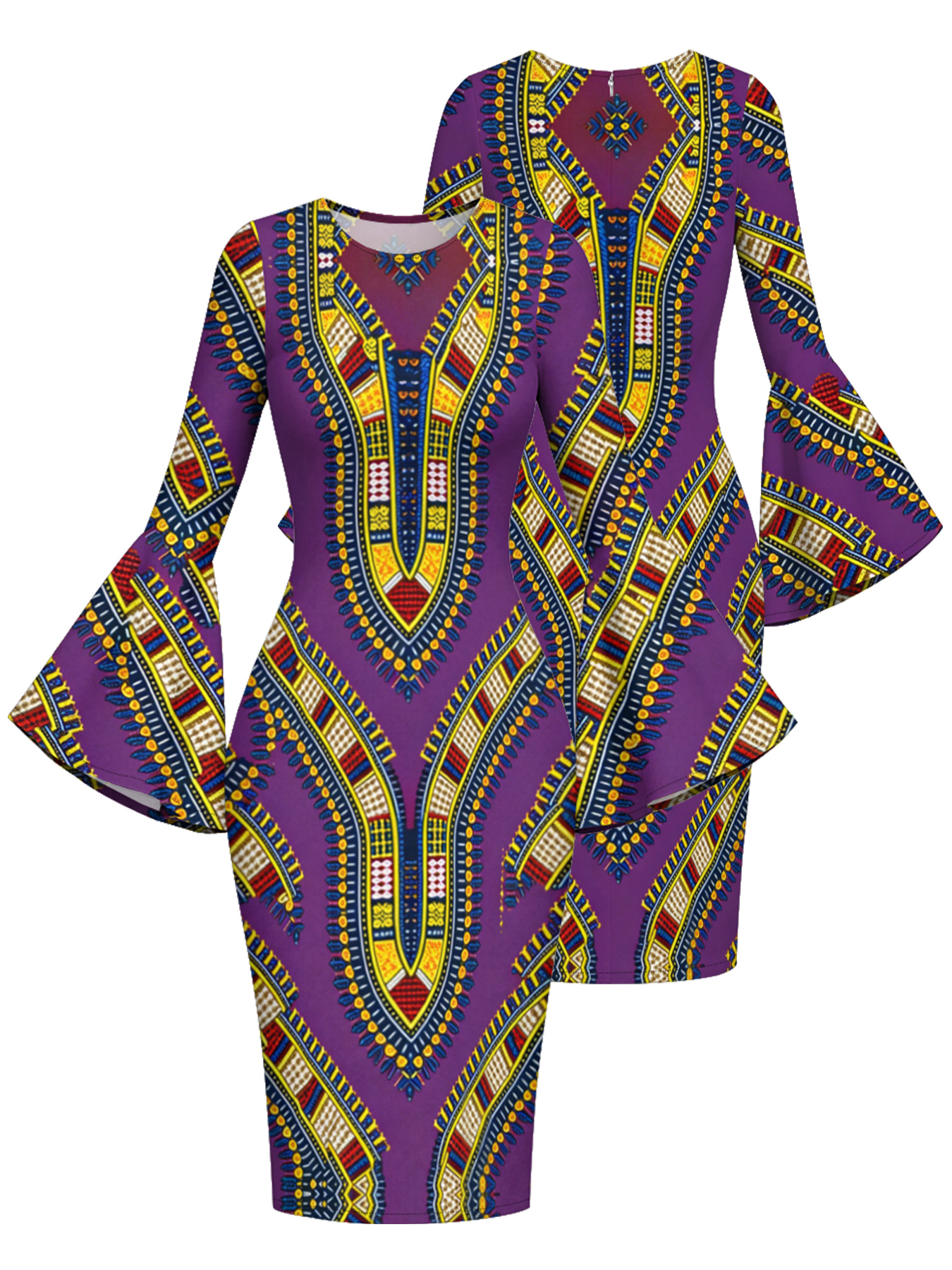 Purple Dashiki Print Bell Flare Sleeve Bodycon Midi Dress
