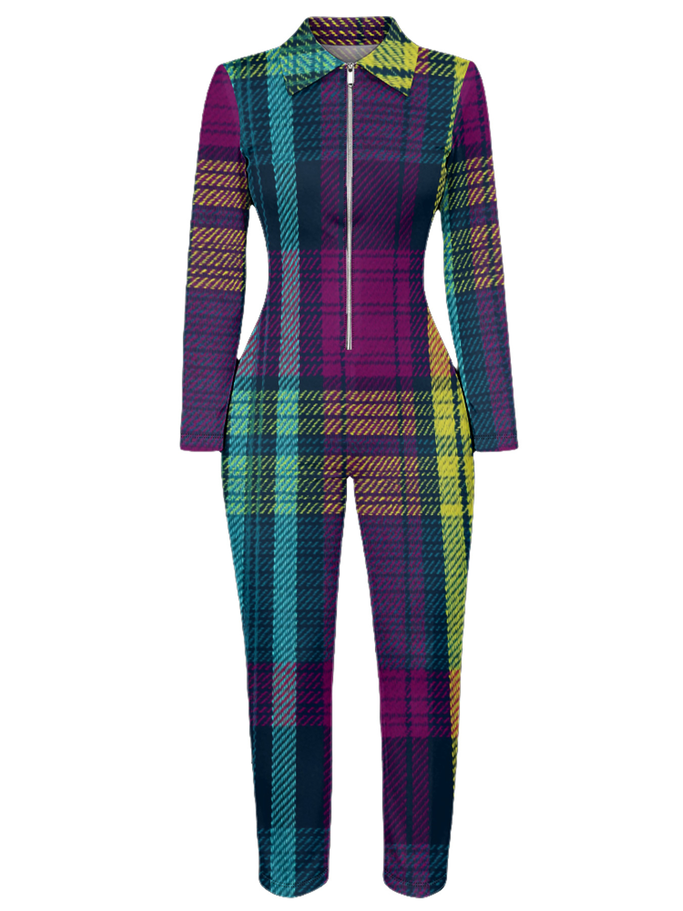 Vibrant Plaid Long Sleeve Zip-Up Jumpsuit