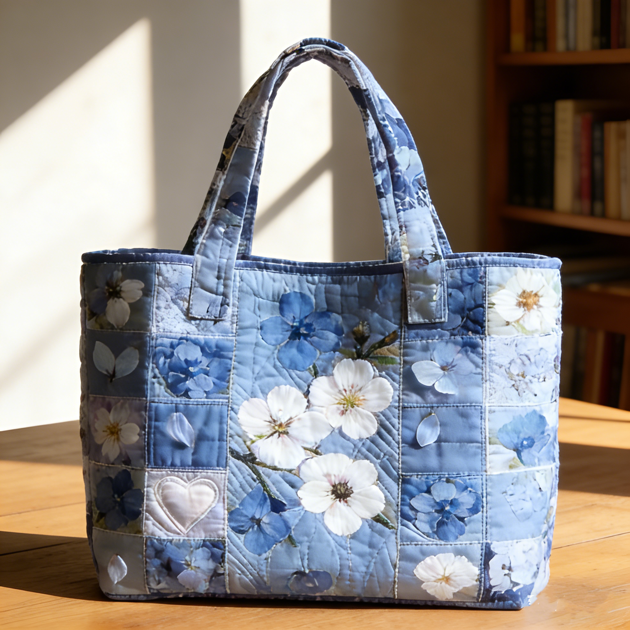 Blue Floral & Heart Quilted Tote Bag zjkc7425