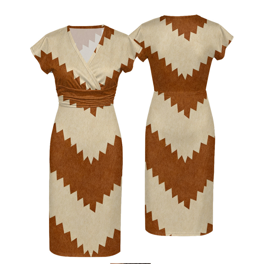 Tan & Brown Zigzag Cap Sleeve V-Neck Midi Dress VTS673