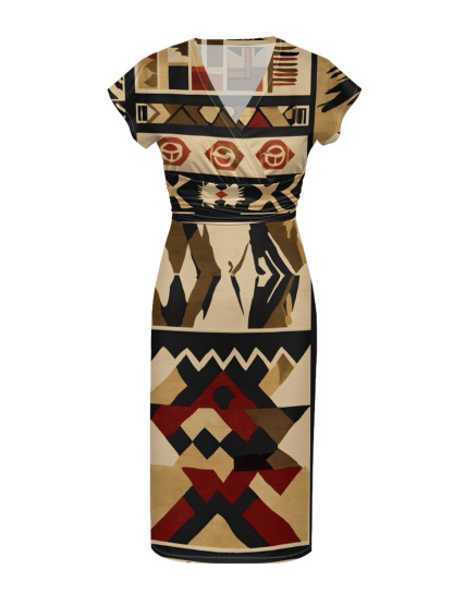 Beige-Red Tribal Cap Sleeve V-Neck Midi Dress