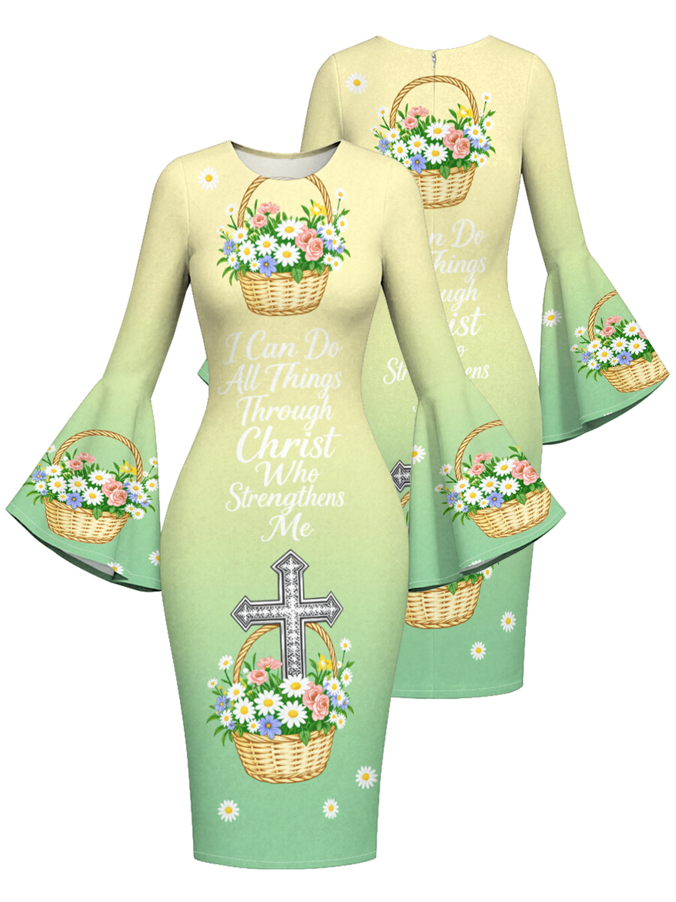 Christian Floral Basket Cross Flare Sleeve Bodycon Midi Dress