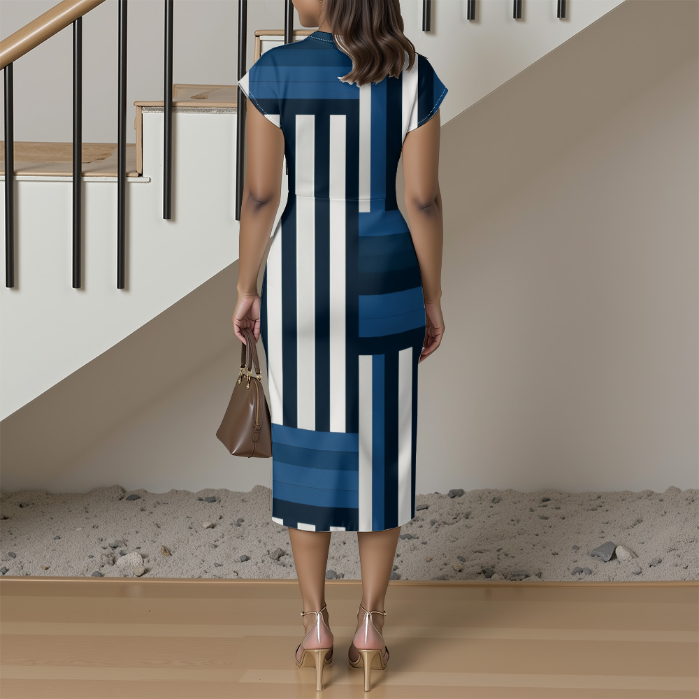 Navy Blue & White Geometric Stripe Striped Cap Sleeve V-Neck Midi Dress ABG134