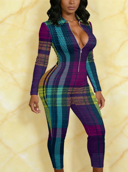 Vibrant Plaid Long Sleeve Zip-Up Jumpsuit