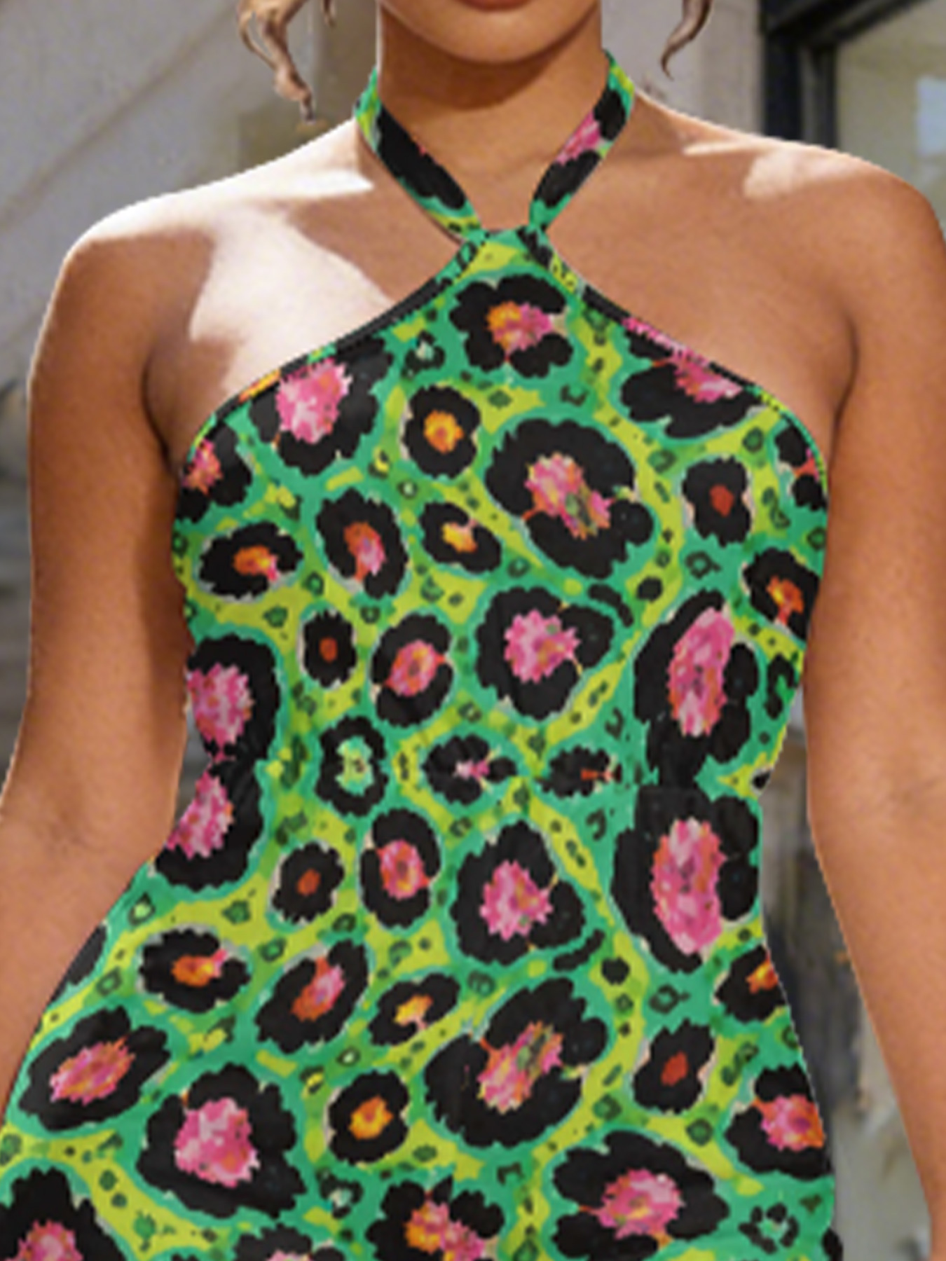 Green Neon Leopard Sleeveless Halter Jumpsuit