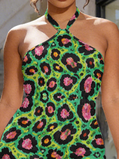 Green Neon Leopard Sleeveless Halter Jumpsuit