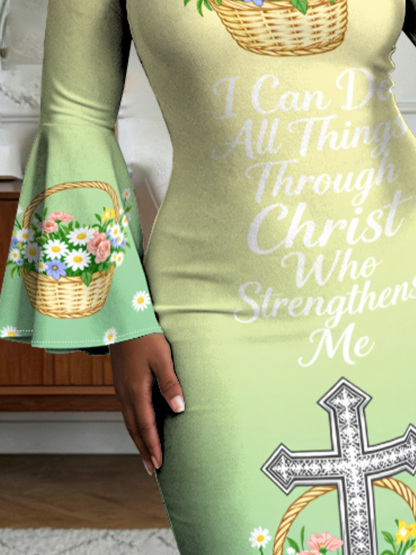 Christian Floral Basket Cross Flare Sleeve Bodycon Midi Dress