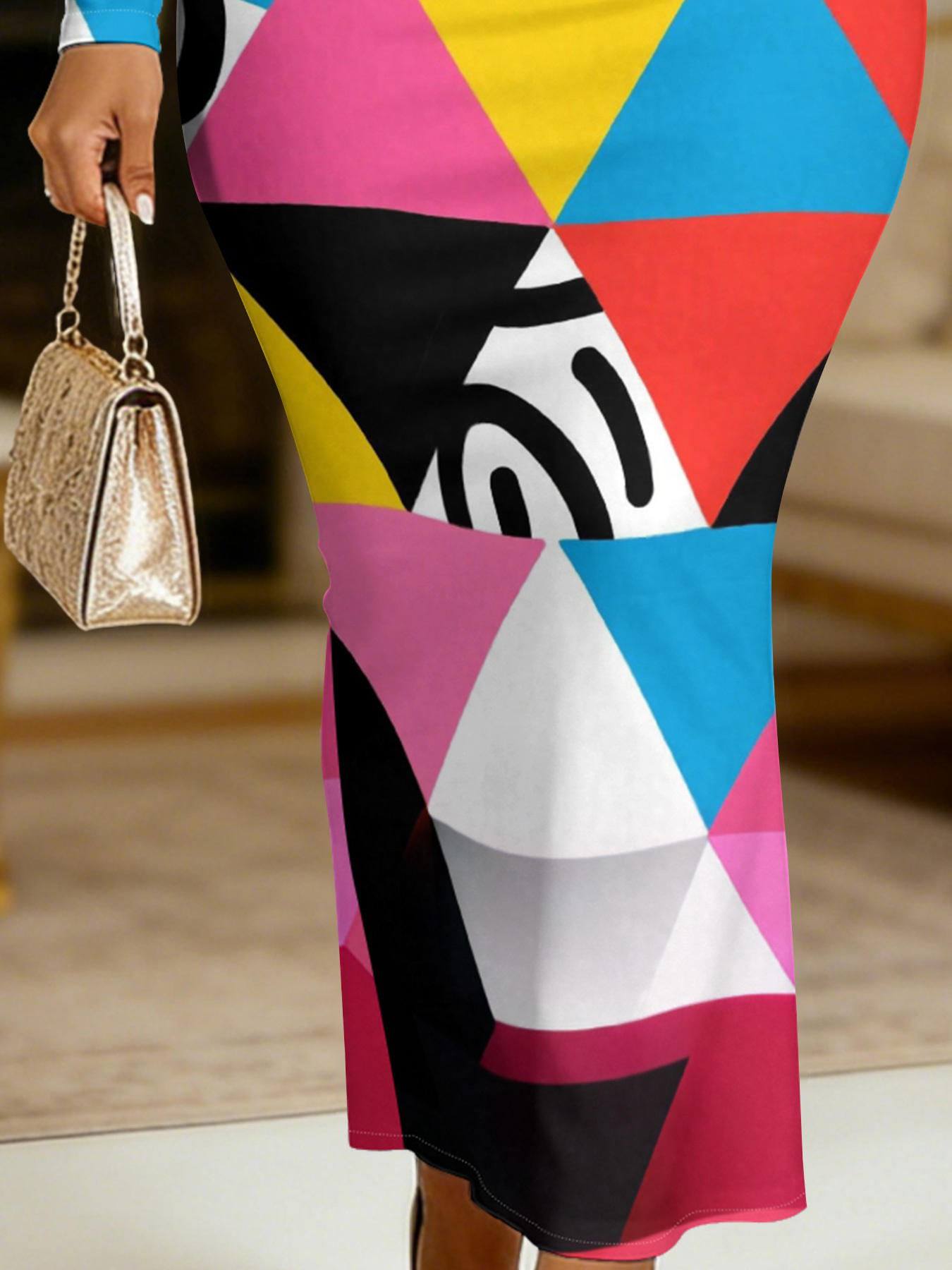 Pop Art Geometric Round Sleeve Neck Long Bodycon Dress