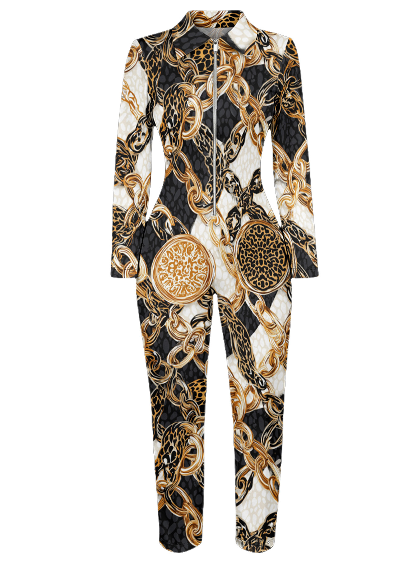 Leopard & Baroque Chain Long Sleeve Zip-Up Jumpsuit NML134