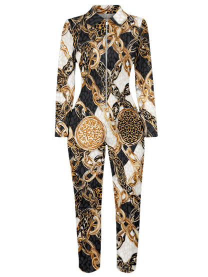 Leopard & Baroque Chain Long Sleeve Zip-Up Jumpsuit NML134