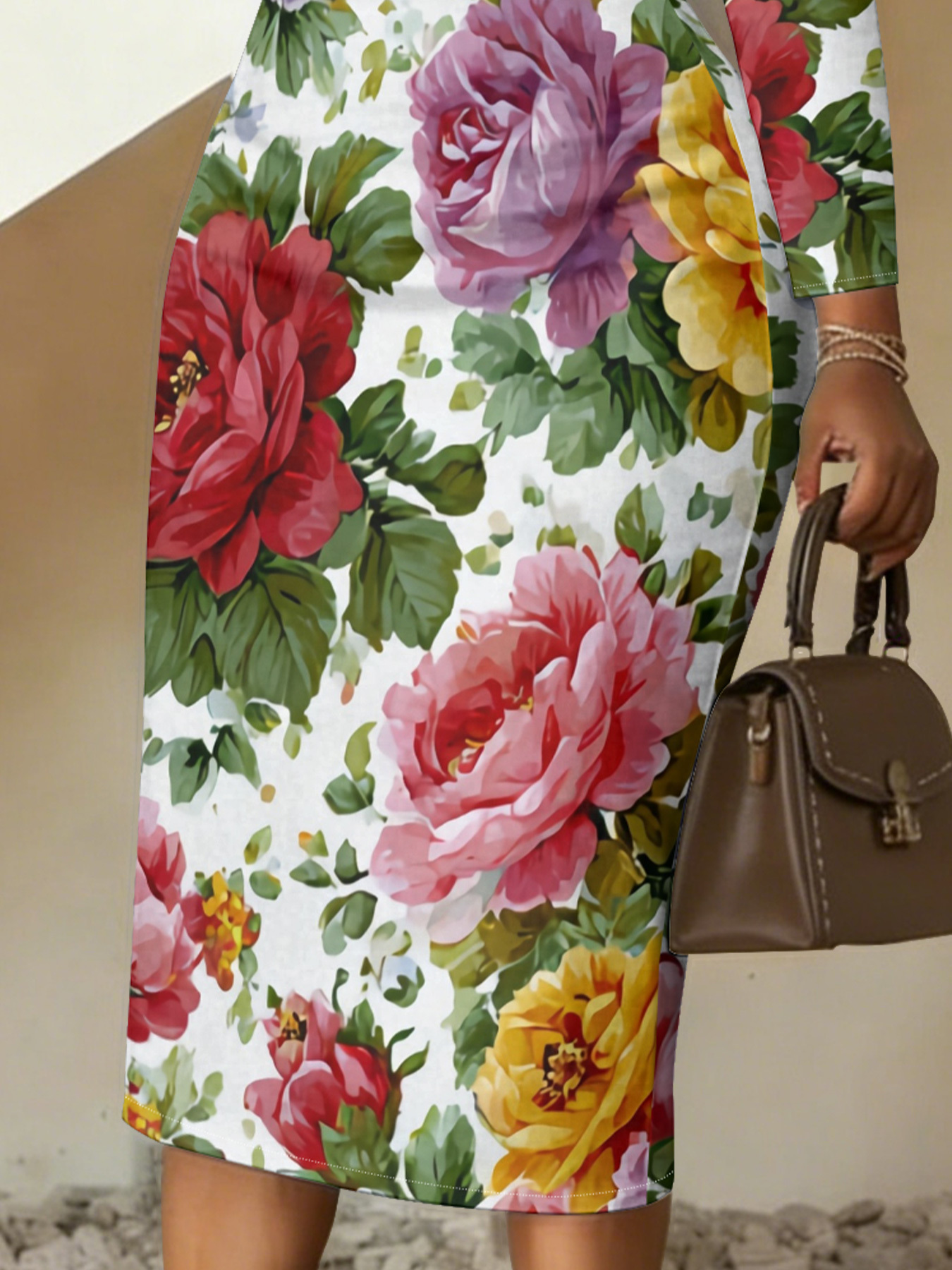 Vibrant Peony Floral V-Neck Bodycon Midi Dress TLD5241