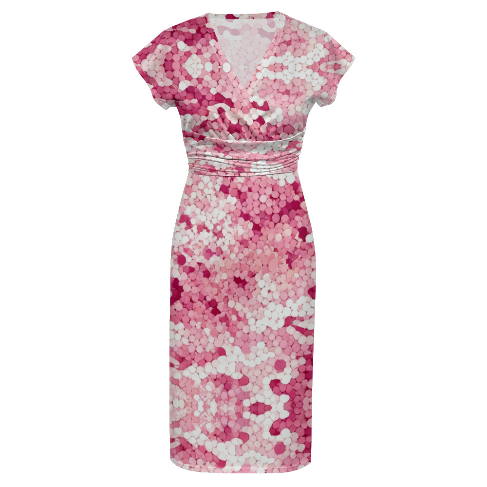 Pink Abstract Cap Sleeve V-Neck Midi Dress FYIE578