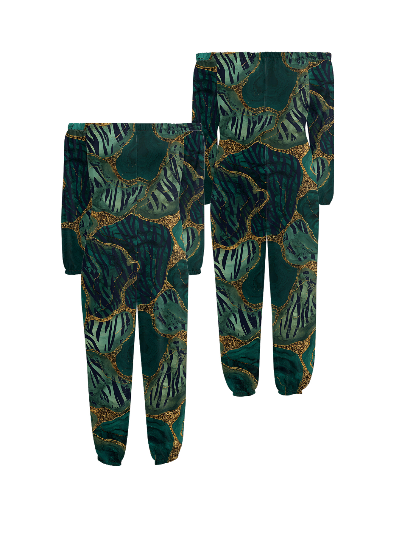 Emerald Green & Gold Marble Off-Shoulder Jumpsuit