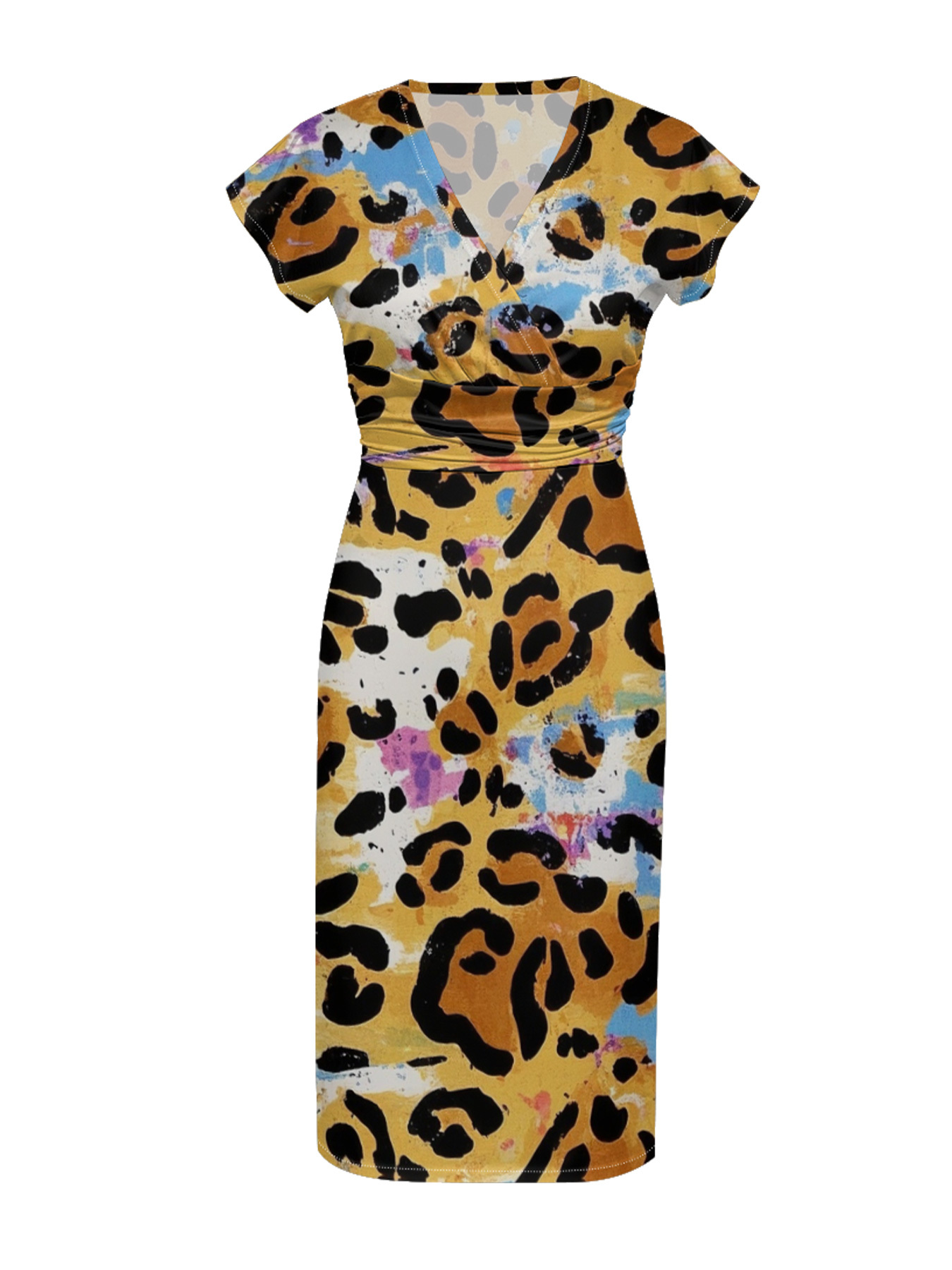 Multicolor Watercolor Cap Sleeve V-Neck Midi Dress IUJH3150