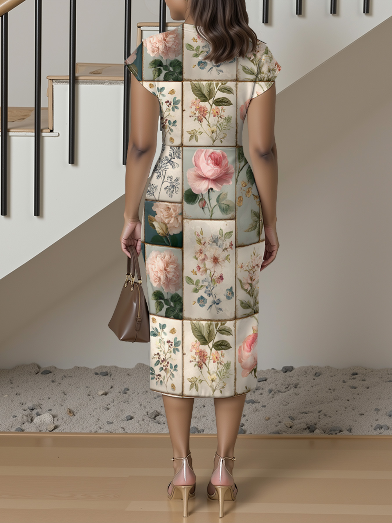 Vintage Botanical Tile Rose Cap Sleeve V-Neck Midi Dress IUO6823