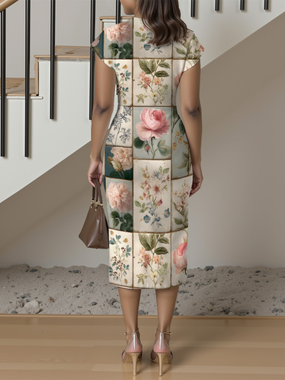 Vintage Botanical Tile Rose Cap Sleeve V-Neck Midi Dress IUO6823