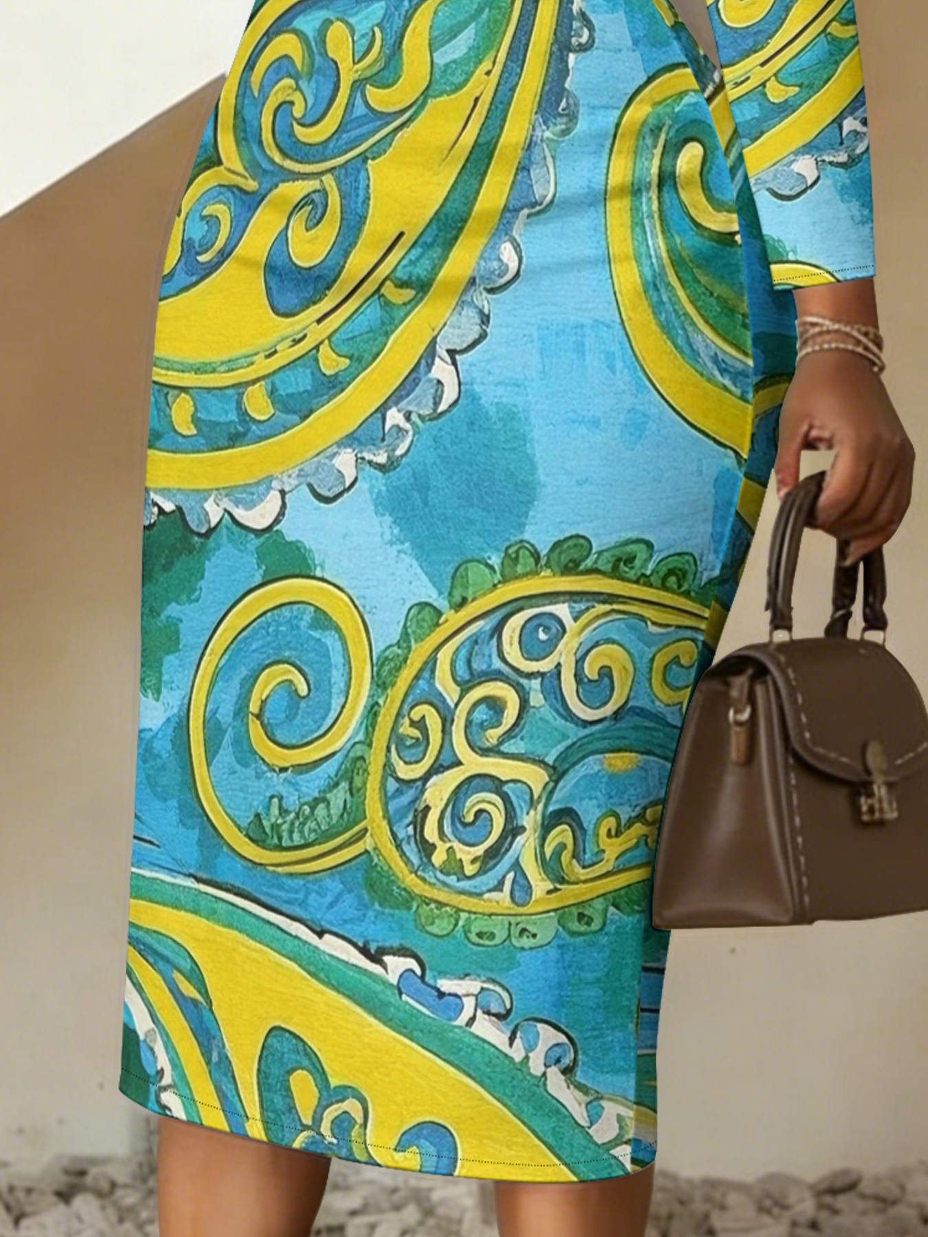 Teal & Yellow Paisley V-Neck Bodycon Midi Dress