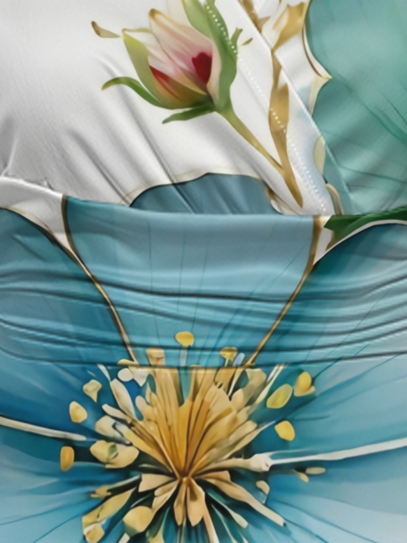 Teal Floral Gold Foil Cap Sleeve V-Neck Midi Dress