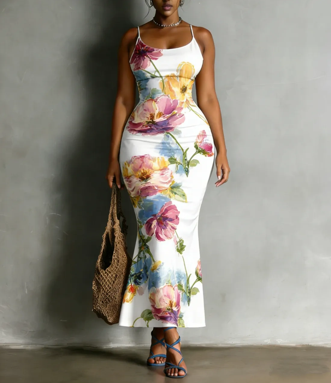 Bold Watercolor Floral Spaghetti Strap Mermaid Dress UI907