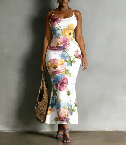 Bold Watercolor Floral Spaghetti Strap Mermaid Dress UI907