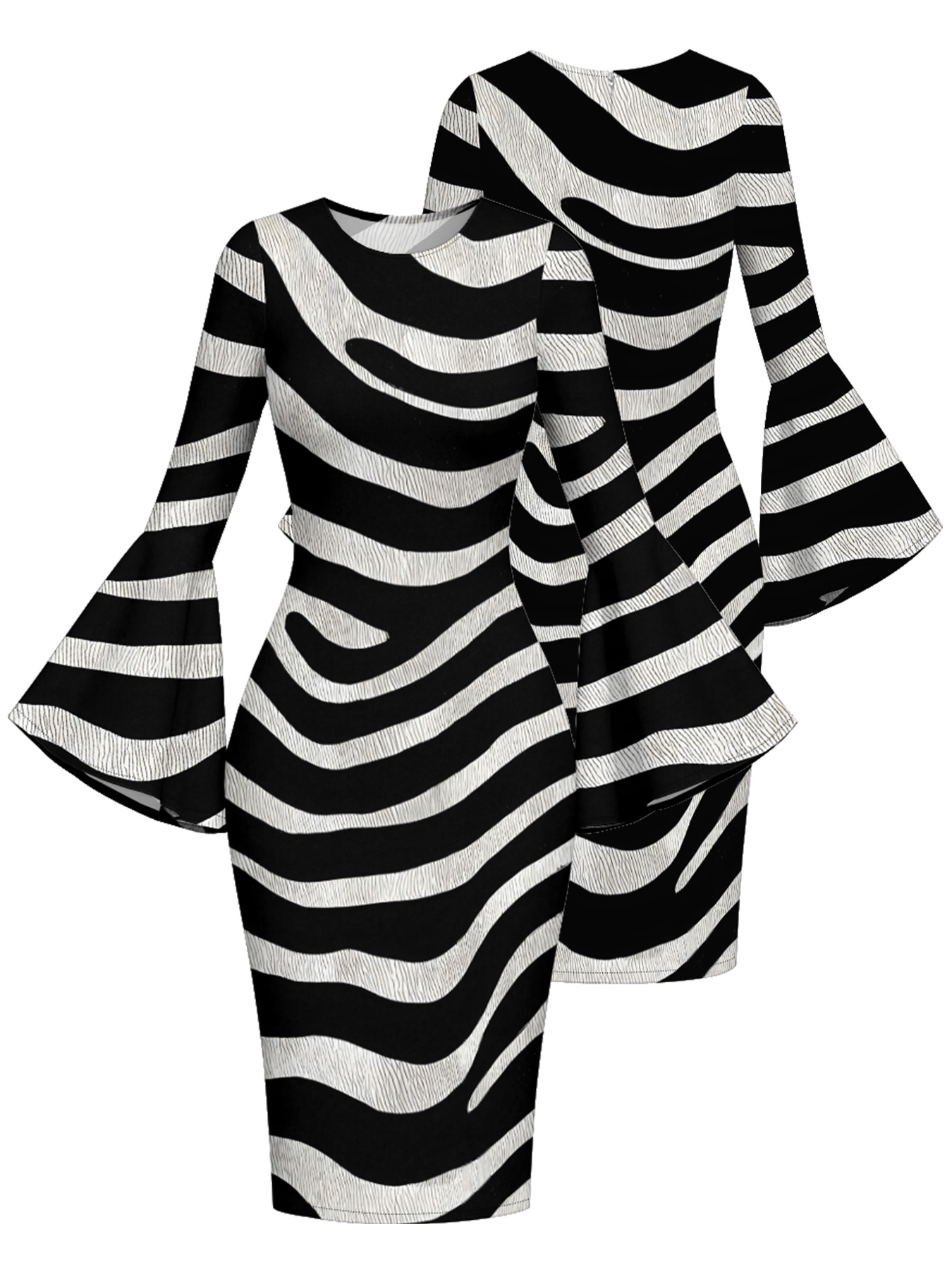 Zebra Stripe Flare Sleeve Bodycon Midi Dress