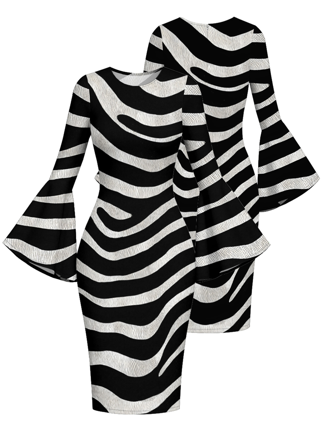 Zebra Stripe Flare Sleeve Bodycon Midi Dress