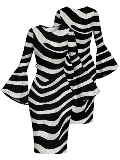 Zebra Stripe Flare Sleeve Bodycon Midi Dress