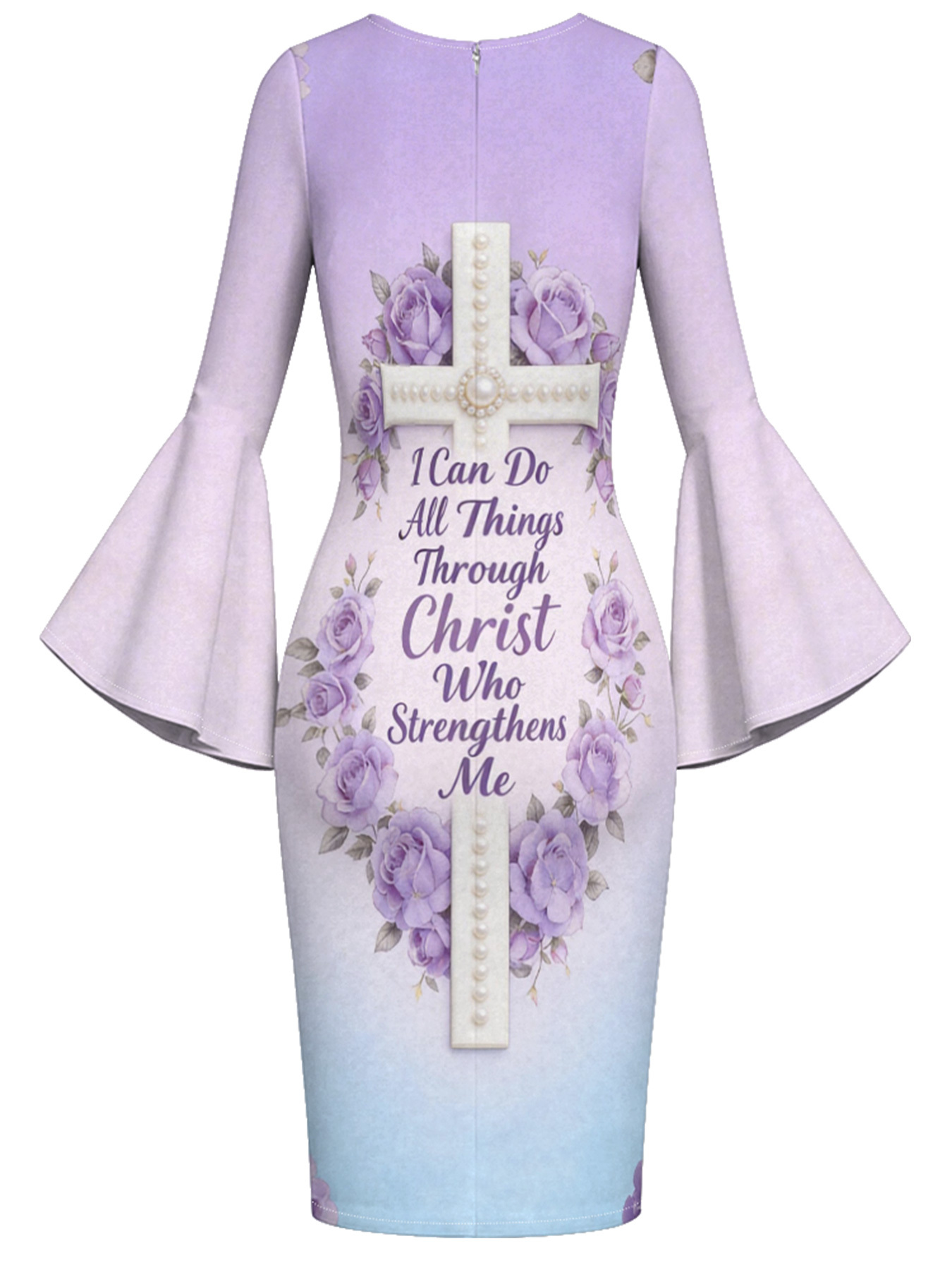 Ombre Purple-Blue Pearl Cross Easter Flare Sleeve Bodycon Midi Dress