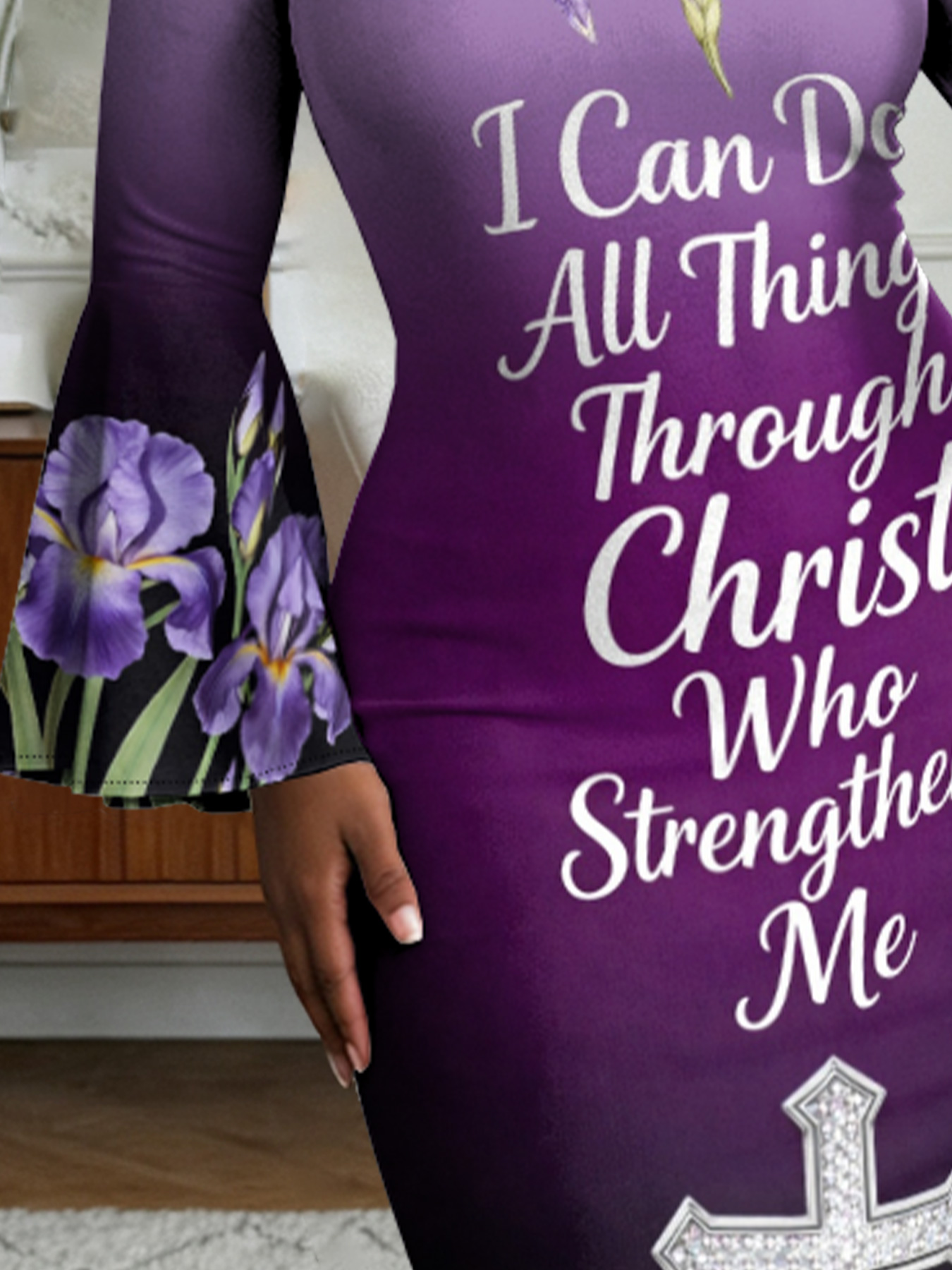 Purple Iris Faith Quote Flare Sleeve Bodycon Midi Dress