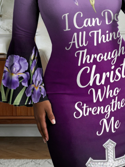 Purple Iris Faith Quote Flare Sleeve Bodycon Midi Dress
