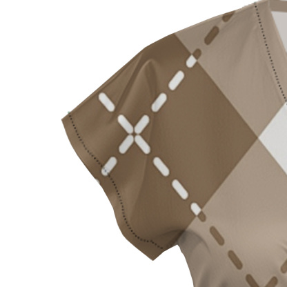 Beige & White Argyle Cap Sleeve V-Neck Midi Dress ZYT918