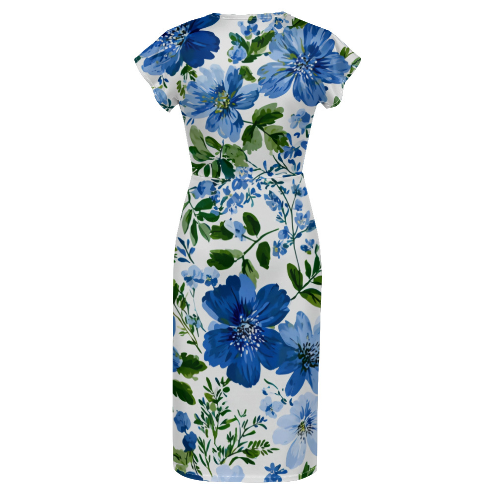Blue Floral Watercolor Stripe Striped Cap Sleeve V-Neck Midi Dress ADG148