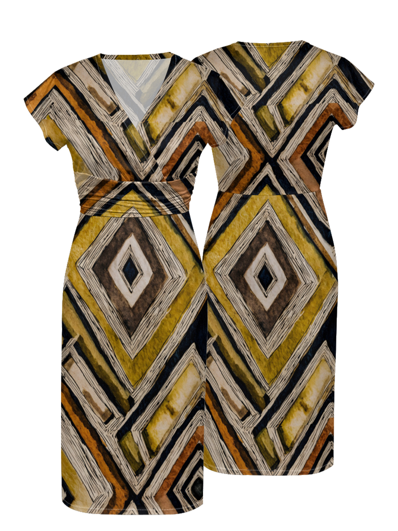 Geometric Diamond Cap Sleeve V-Neck Midi Dress