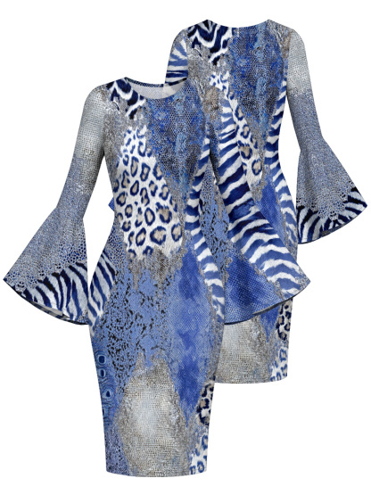 Blue Mixed Animal Print Flare Sleeve Bodycon Midi Dress