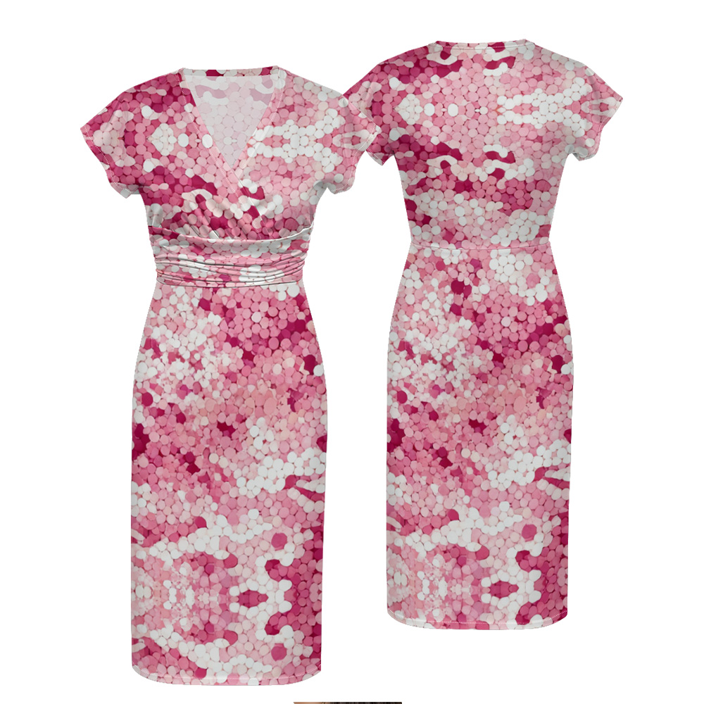 Pink Abstract Cap Sleeve V-Neck Midi Dress FYIE578