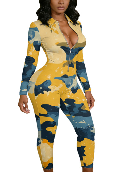 Yellow & Blue Camo Long Sleeve Zip-Up Jumpsuit 