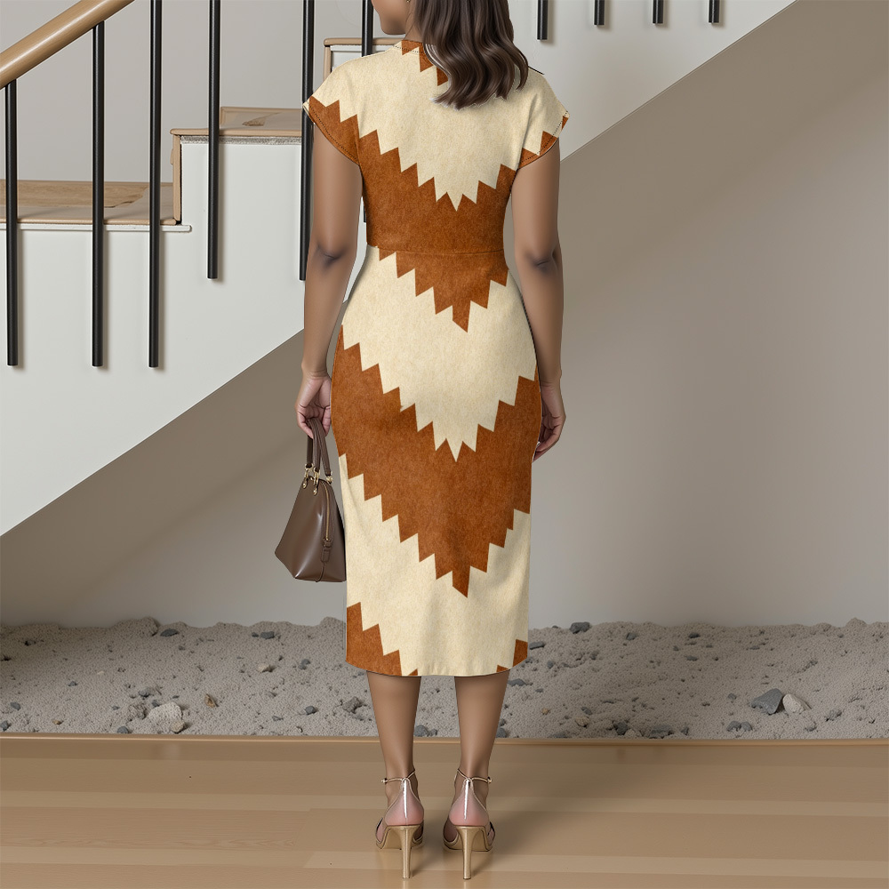 Tan & Brown Zigzag Cap Sleeve V-Neck Midi Dress VTS673