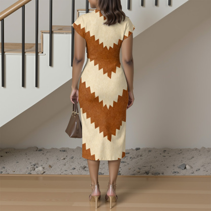 Tan & Brown Zigzag Cap Sleeve V-Neck Midi Dress VTS673