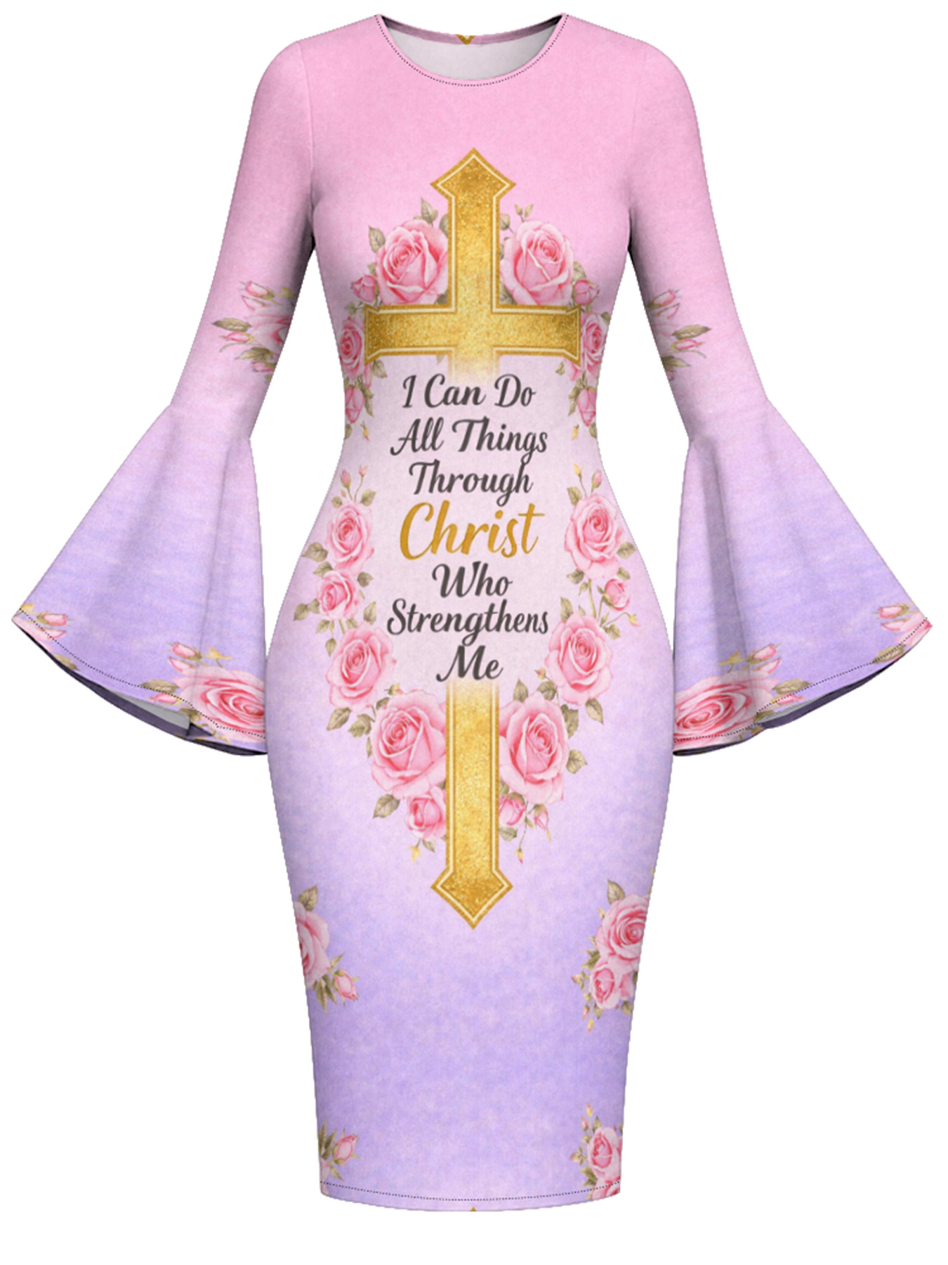 Pink Rose Gold Cross Christian Flare Sleeve Bodycon Midi Dress