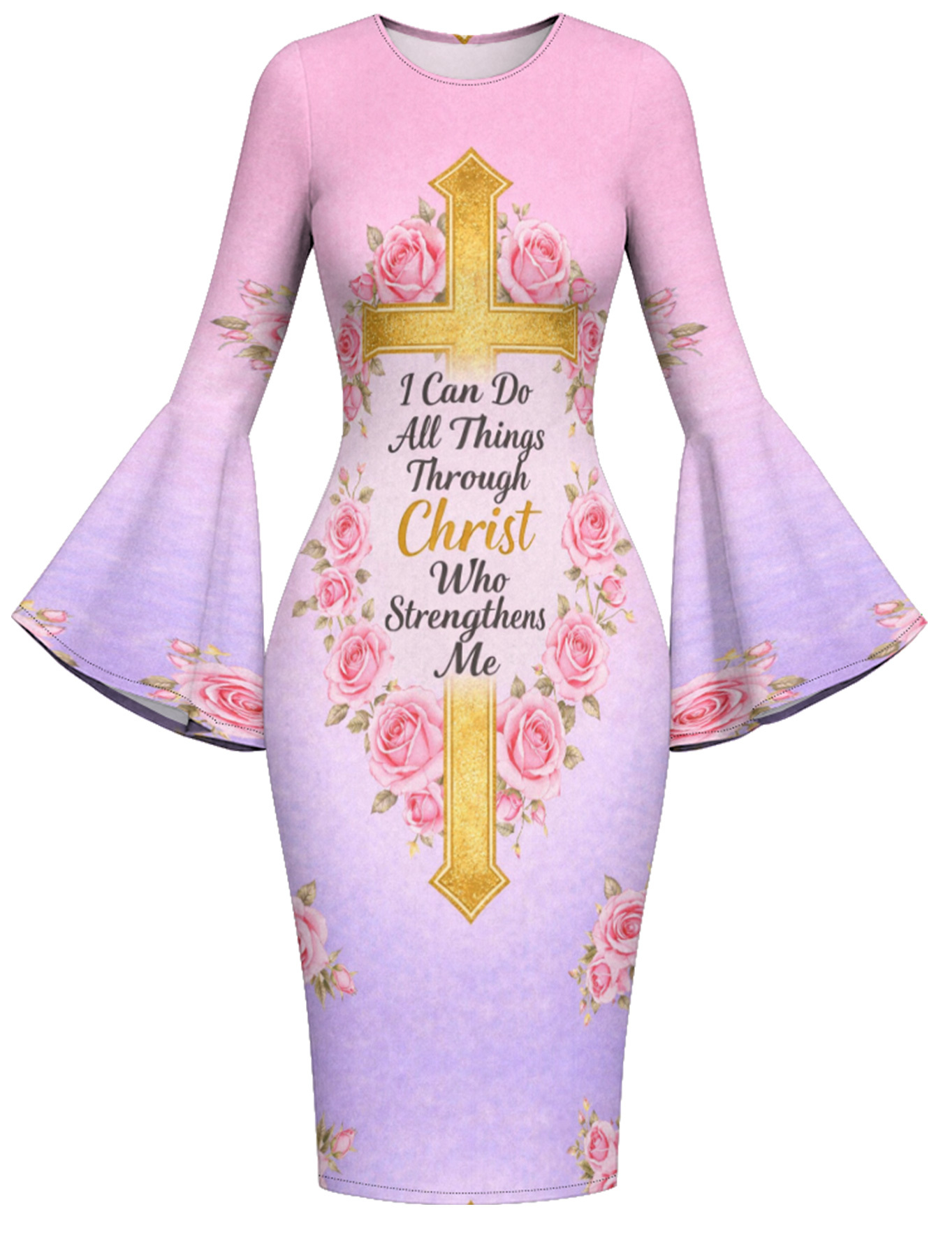 Pink Rose Gold Cross Christian Flare Sleeve Bodycon Midi Dress