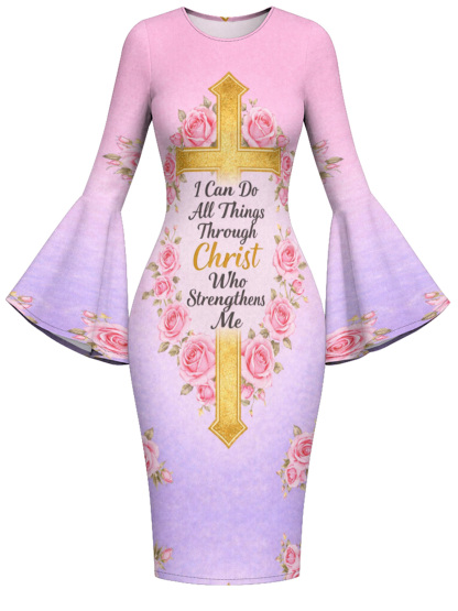 Pink Rose Gold Cross Christian Flare Sleeve Bodycon Midi Dress