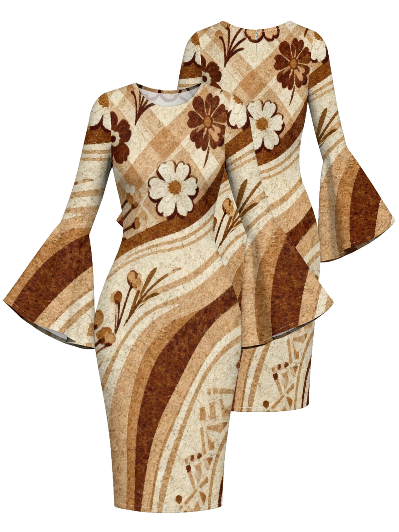 Tan Floral Stripe Flare Sleeve Bodycon Midi Dress NML963