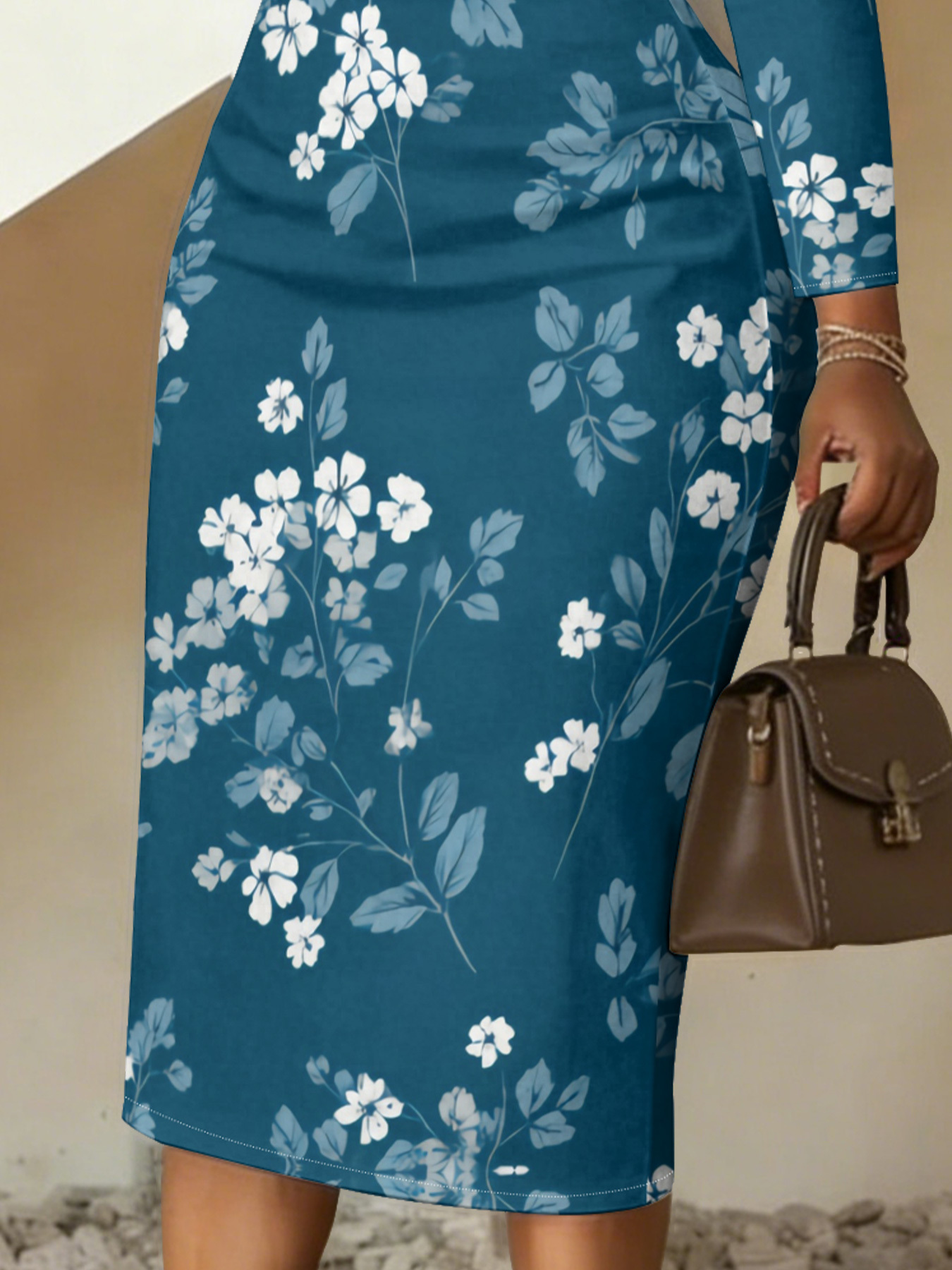 Teal & White Floral V-Neck Bodycon Midi Dress UMG2753